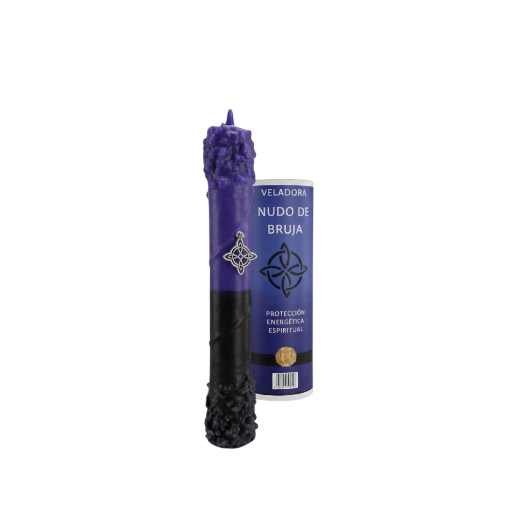 Vela de protección contra envidias y malas energias. Con simbolo Niudo de Bruja ritualizado.