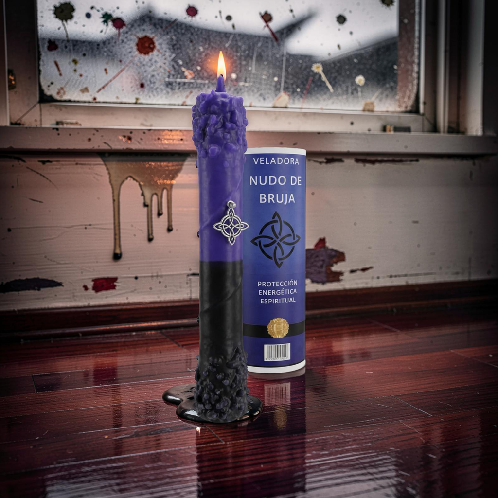 Vela de protección contra envidias y malas energias. Con simbolo Niudo de Bruja ritualizado.